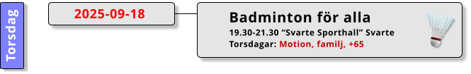 Badminton för alla 19.30-21.30 “Svarte Sporthall” Svarte Torsdagar: Motion, familj, +65  2025-09-18 Torsdag