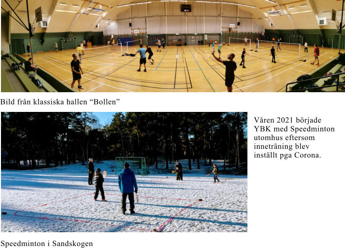 Våren 2021 började YBK med Speedminton utomhus eftersom inneträning blev inställt pga Corona. Bild från klassiska hallen “Bollen” Speedminton i Sandskogen