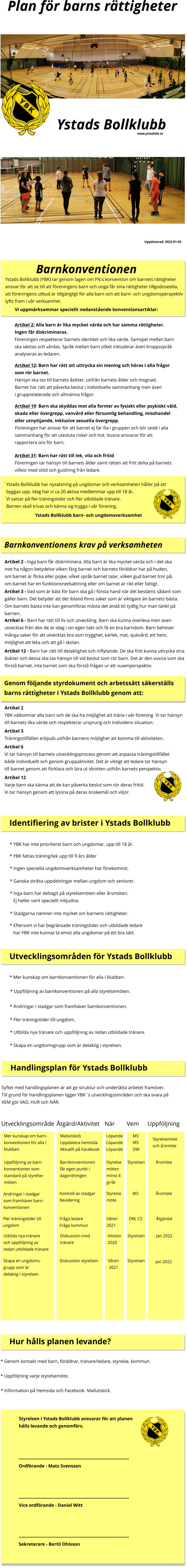 Plan för barns rättigheter Ystads Bollklubb www.ystadsbk.se Uppdaterad: 2022-01-02 Barnkonventionen Ystads Bollklubb (YBK) tar genom lagen om FN:s konvention om barnets rättigheter ansvar för att se till att föreningens barn och unga får sina rättigheter tillgodosedda, att föreningens utbud är tillgängligt för alla barn och att barn- och ungdomsperspektiv lyfts fram i vår verksamhet.   Artikel 2: Alla barn är lika mycket värda och har samma rättigheter.  Ingen får diskrimineras.  Föreningen respekterar barnets identitet och lika värde. Samspel mellan barn ska iakttas och vårdas. Språk mellan barn vilket inkluderar även kroppsspråk analyseras av ledaren.  Artikel 12: Barn har rätt att uttrycka sin mening och höras i alla frågor  som rör barnet. Hänsyn ska tas till barnets åsikter, utifrån barnets ålder och mognad. Barnet har rätt att påverka beslut i individuella sammanhang men även i grupprelaterade och allmänna frågor.  Artikel 19: Barn ska skyddas mot alla former av fysiskt eller psykiskt våld,  skada eller övergrepp, vanvård eller försumlig behandling, misshandel  eller utnyttjande, inklusive sexuella övergrepp.  Föreningen har ansvar för att barnet ej far illa i gruppen och blir sedd i alla  sammanhang för att utesluta risker och hot. Vuxna ansvarar för att  rapportera oro för barn.  Artikel 31: Barn har rätt till lek, vila och fritid Föreningen tar hänsyn till barnets ålder samt rätten att fritt delta på barnets  villkor med stöd och guidning från ledare.  Ystads Bollklubb har nysatsning på ungdomar och verksamheten håller på att  byggas upp. Idag har vi ca 20 aktiva medlemmar upp till 18 år.  Vi satsar på fler träningstider och fler utbildade tränare. Barnen skall trivas och känna sig trygga i vår förening.  Ystads Bollklubb barn- och ungdomsverksamhet Vi uppmärksammar speciellt nedanstående konventionsartiklar: Barnkonventionens krav på verksamheten Artikel 2 - Inga barn får diskriminera. Alla barn är lika mycket värda och i det ska inte ha någon betydelse vilken färg barnet och barnets föräldrar har på huden,  om barnet är flicka eller pojke, vilket språk barnet talar, vilken gud barnet tror på, om barnet har en funktionsnedsättning eller om barnet är rikt eller fattigt.  Artikel 3 - Vad som är bäst för barn ska gå i första hand när det bestäms sådant som gäller barn. Det betyder att det ibland finns saker som är viktigare än barnets bästa. Om barnets bästa inte kan genomföras måsta det ändå bli tydlig hur man tänkt på barnen. Artikel 6 - Barn har rätt till liv och utveckling. Barn ska kunna överleva men även utvecklas från den de är idag i sin egen takt och få en bra barndom. Barn behöver många saker för att utvecklas bra som trygghet, kärlek, mat, sjukvård, ett hem,  möjlighet att leka och att gå i skolan. Artikel 12 - Barn har rätt till delaktighet och inflytande. De ska fritt kunna uttrycka sina åsikter och dessa ska tas hänsyn till vid beslut som rör barn. Det är den vuxna som ska förstå barnet, inte barnet som ska förstå frågan ur ett vuxenperspektiv. Genom följande styrdokument och arbetssätt säkerställs barns rättigheter i Ystads Bollklubb genom att: Artikel 2 YBK välkomnar alla barn och de ska ha möjlighet att träna i vår förening. Vi tar hänsyn till barnets lika värde och respekterar ursprung och individens situation. Artikel 3 Träningstillfällen erbjuds utifrån barnens möjlighet att komma till aktiviteten.  Artikel 6 Vi tar hänsyn till barnets utvecklingsprocess genom att anpassa träningstillfället både individuellt och genom gruppaktivitet. Det är viktigt att ledare tar hänsyn till barnet genom att förklara och lära ut idrotten utifrån barnets perspektiv.  Artikel 12 Varje barn ska känna att de kan påverka beslut som rör deras fritid. Vi tar hänsyn genom att lyssna på deras önskemål och viljor.  Identifiering av brister i Ystads Bollklubb * YBK har inte prioriterat barn och ungdomar, upp till 18 år.     * Ingen speciella ungdomsverksamheter har förekommit.  * Ganska strikta uppdelningar mellan ungdom och seniorer. * Inga barn har deltagit på styrelsemöten eller årsmöten.     Ej heller varit speciellt inbjudna. * Stadgarna nämner inte mycket om barnens rättigheter. * Eftersom vi har begränsade träningstider och utbildade ledare    har YBK inte kunnat ta emot alla ungdomar på ett bra sätt. Utvecklingsområden för Ystads Bollklubb * Mer kunskap om barnkonventionen för alla i klubben.  * Uppföljning av barnkonventionen på alla styrelsemöten. * Ändringar i stadgar som framhäver barnkonventionen. * Fler träningstider till ungdom. * Utbilda nya tränare och uppföljning av redan utbildade tränare. * Skapa en ungdomsgrupp som är delaktig i styrelsen. * YBK fattas träning/lek upp till 9 års ålder     Handlingsplan för Ystads Bollklubb Syftet med handlingsplanen är att ge struktur och underlätta arbetet framöver.  Till grund för handlingsplanen ligger YBK´s utvecklingsområden och ska svara på  VEM gör VAD, HUR och NÄR. Utvecklingsområde Åtgärd/Aktivitet När Vem Uppföljning Löpande Mer kunskap om barn- konventionen för alla i klubben Mailutskick Uppdatera hemsida Aktuellt på Facebook Löpande Löpande MS MS DW Styrelsemöte och årsmöte Uppföljning av barn- konventionen som standard på styrelse- möten Barnkonventionen  får egen punkt i dagordningen Styrelse möten minst 4 gr/år Styrelsen Årsmöte Ändringar i stadgar som framhäver barn- konventionen Kontroll av stadgar Revidering Styrelse möte BO Årsmöte Fler träningstider till ungdom Fråga ledare Fråga kommun Våren 2021 DW, CS Åtgärdat Utbilda nya tränare och uppföljning av redan utbildade tränare Diskussion med tränare Hösten 2020 Styrelsen Jan 2022 Skapa en ungdoms- grupp som är delaktig i styrelsen Diskussion styrelsen Våren  2021 Styrelsen Jan 2022 Hur hålls planen levande? * Genom kontakt med barn, föräldrar, tränare/ledare, styrelse, kommun.  * Uppföljning varje styrelsemöte.  * Information på Hemsida och Facebook. Mailutskick.     Styrelsen i Ystads Bollklubb ansvarar för att planen hålls levande och genomförs.    ----------------------------------------------------------------------------- Ordförande - Mats Svensson ----------------------------------------------------------------------------- Vice ordförande - Daniel Witt    ----------------------------------------------------------------------------- Sekreterare - Bertil Ohlsson